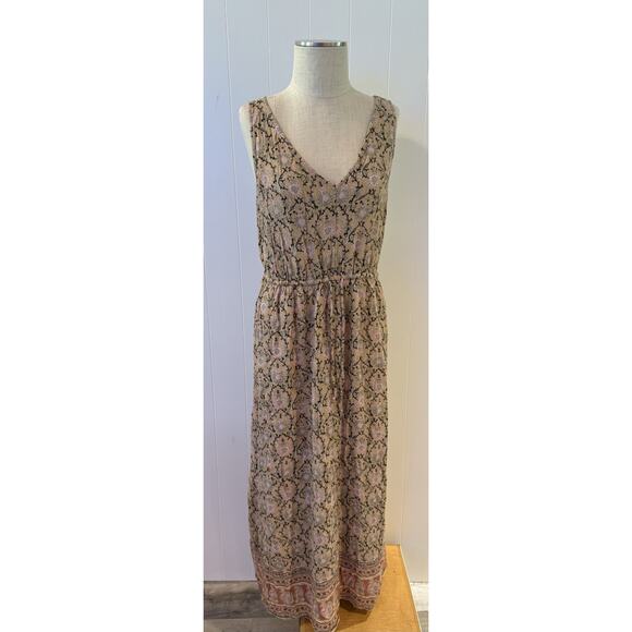 Lucky Brand Boho Floral Maxi Dress L Large Beige Pink Sleeveless Pockets - Picture 3 of 10